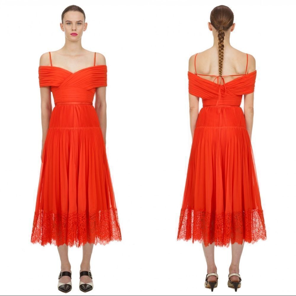 Self-Portrait Off-Shoulder Pleated Lace Midi Dress